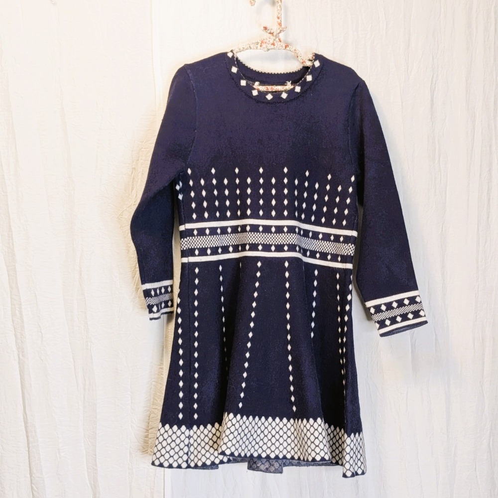 SMILING PINKER Girls Knit Twirly Sweater Dress Navy & White Size 150 fits US 8